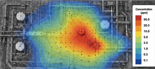 Concentration gradient visualization over industrial equipment, showing mapped concentration contours