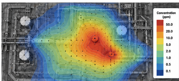 Concentration gradient visualization over industrial equipment, showing mapped concentration contours