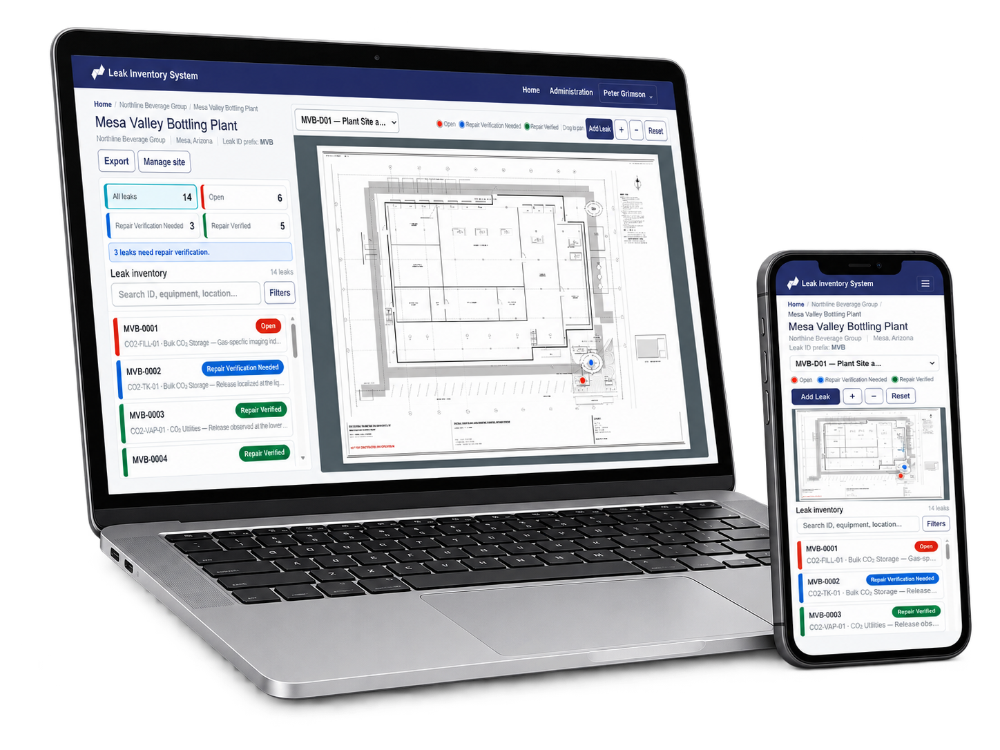 Azurite Leak Inventory displayed on a laptop and phone, showing a detailed plant drawing and leak records